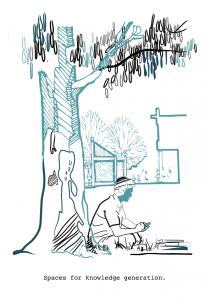 Teal line drawing of a figure reading under a tree, with the words 'spaces for knowledge generation' beneath
